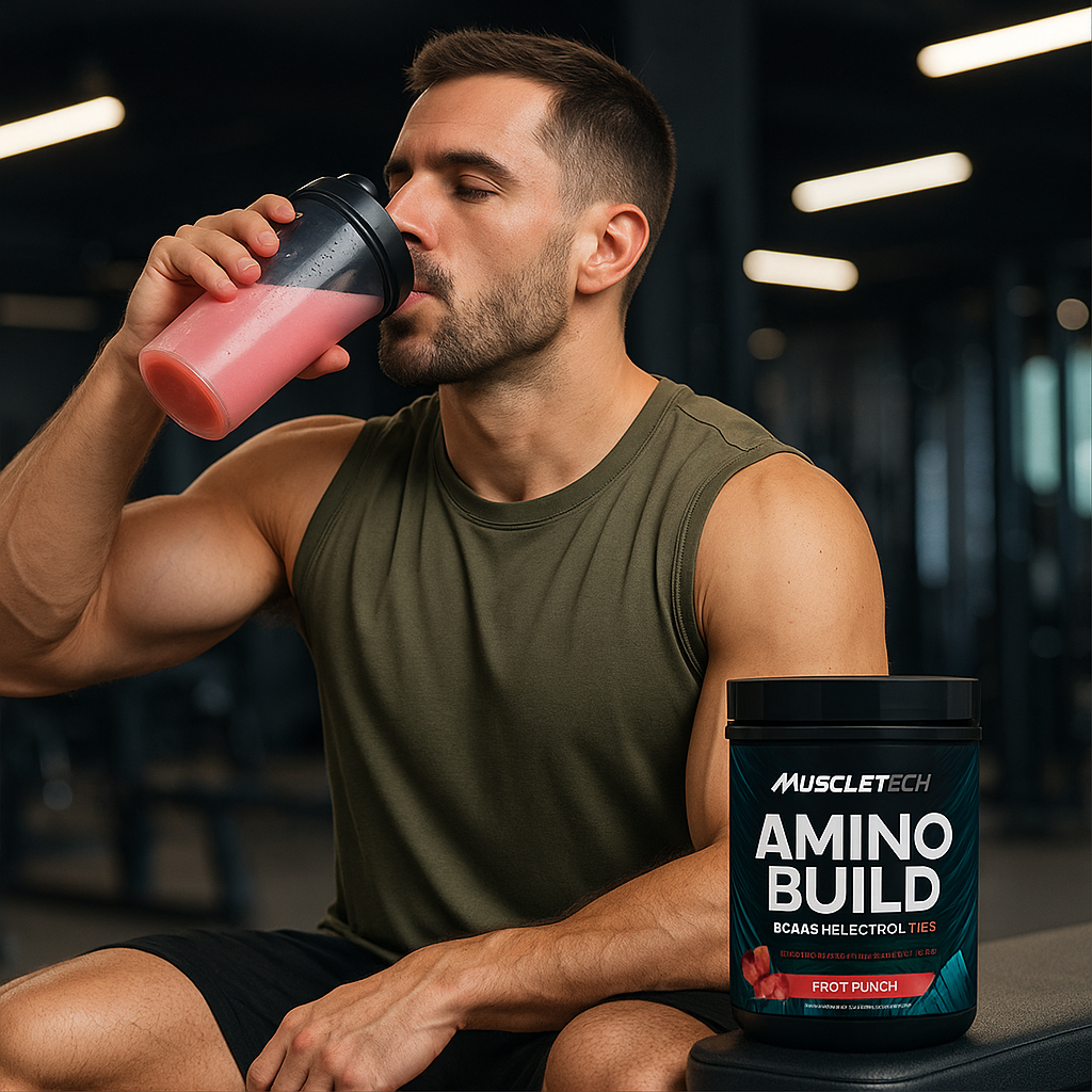 A musculoso homem de pele clara, usando regata verde-oliva, bebe um shake rosa em uma academia moderna enquanto a embalagem do suplemento MuscleTech Amino Build 593g aparece destacada sobre um banco próximo, mostrando claramente o rótulo.