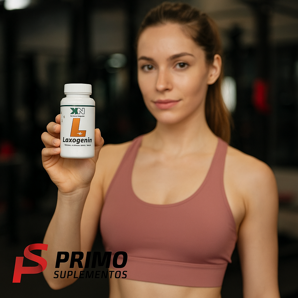 Mulher na academia segurando suplemento Laxogenin 50mg Kn Nutrition com logo Primo Suplementos – imagem promocional para e-commerce de nutrição esportiva
