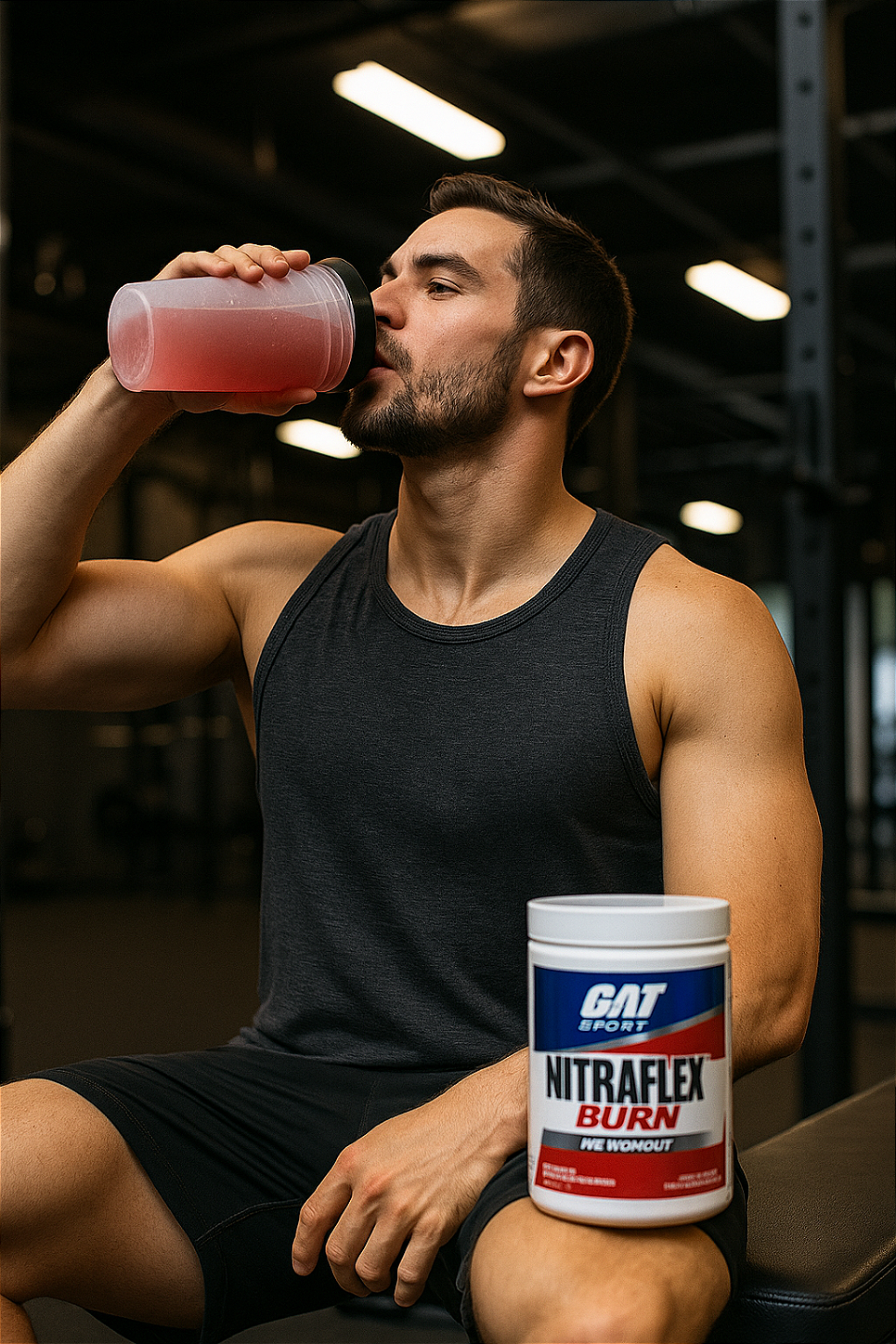 Homem fit e musculoso na academia bebendo pré-treino GAT Sport Nitraflex Burn de uma coqueteleira rosa, com a embalagem do produto em destaque ao lado, em ambiente esportivo moderno. Loja Primo Suplementos