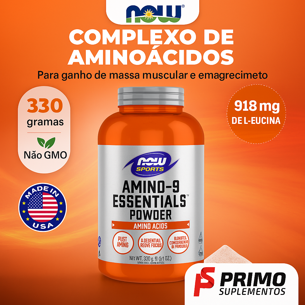 NOW Sports Amino-9 Essentials Powder com 9 aminoácidos essenciais, 918 mg de L-leucina, suplemento para ganho de massa muscular e emagrecimento – disponível na Primo Suplementos.
