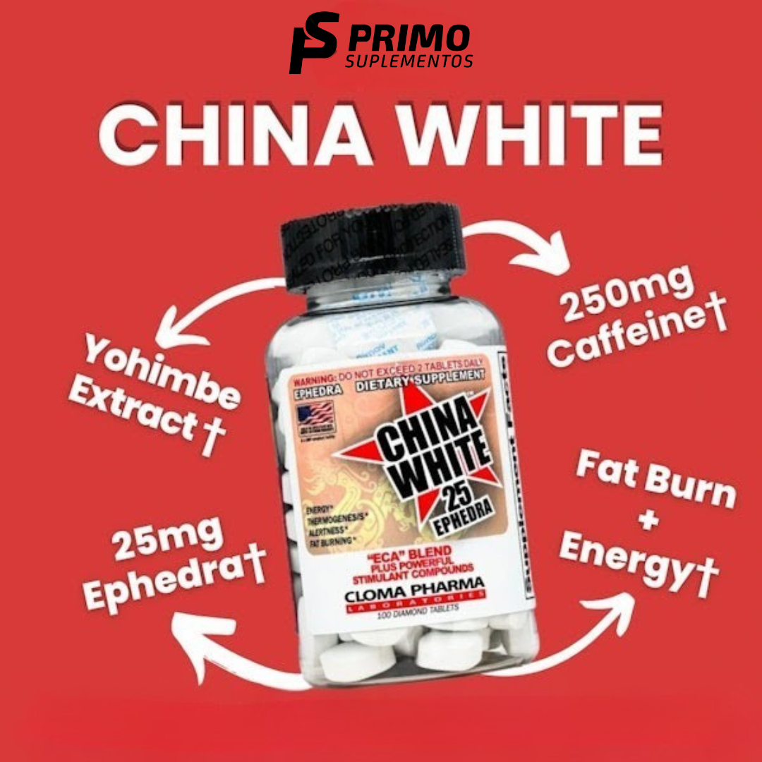 China White 25 Cloma Pharma 100 comprimidos - Termogênico com efedra, cafeína e extratos naturais disponível na loja Primo Suplementos