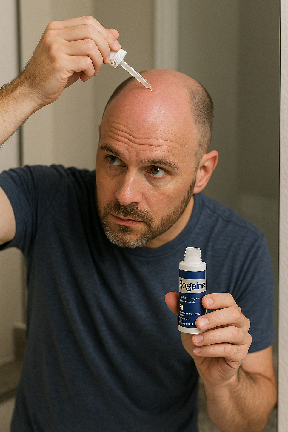 Homem careca aplicando Rogaine 5% Minoxidil no couro cabeludo enquanto se olha no espelho, usando conta-gotas, em ambiente de banheiro, como parte de rotina de tratamento capilar.