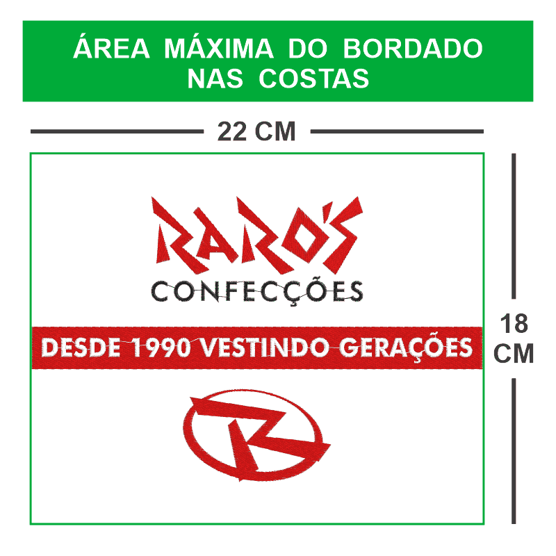 Área Máxima do Bordado nas Costas - 22x18 cm