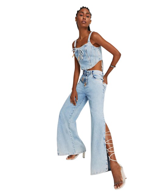 Morena Rosa Calça Wide Cós Alto com Amarração Jeans 205875 - Transwear