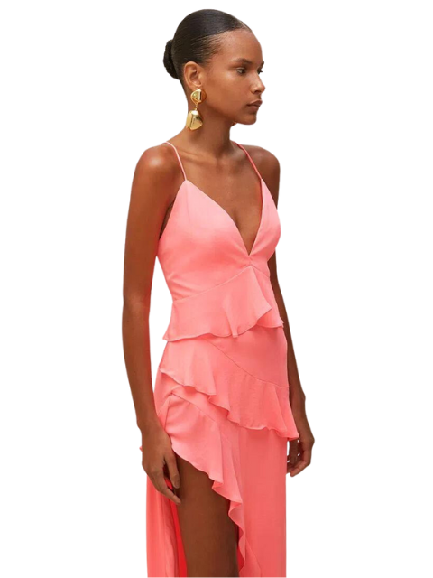 Morena Rosa Vestido Longo Decote V Babado Barra Pink Neon 118185 - Transwear
