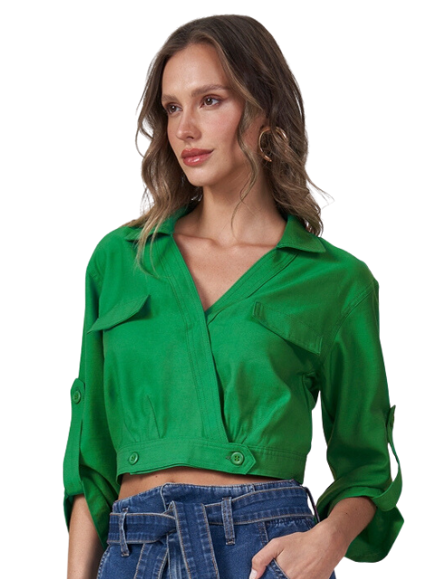 Monnari Camisa Cropped com Transpasse Feminina Verde Bandeira YP3161 -  Transwear