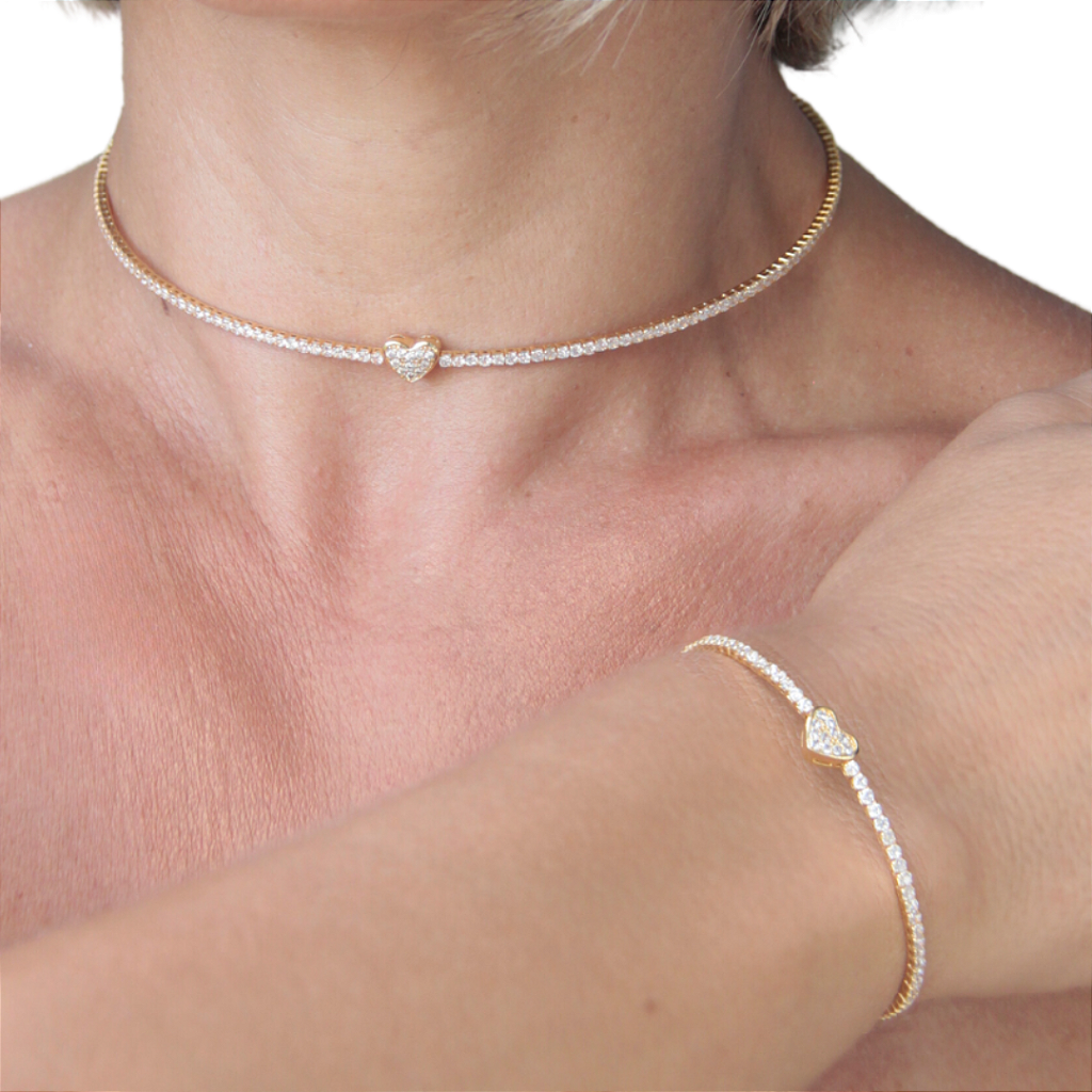 Conjunto Gargantilha e Pulseira Zircônias Coração Banho Ouro
