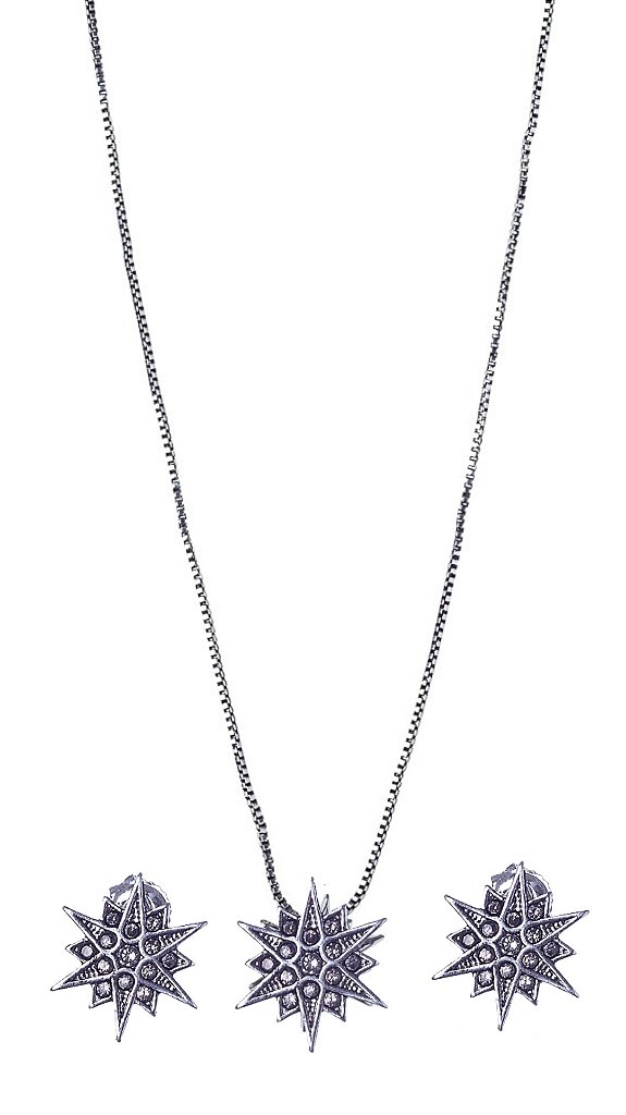 Conjunto Brincos Estrelas e Colar Pingente Estrela Cor Prata Velha
