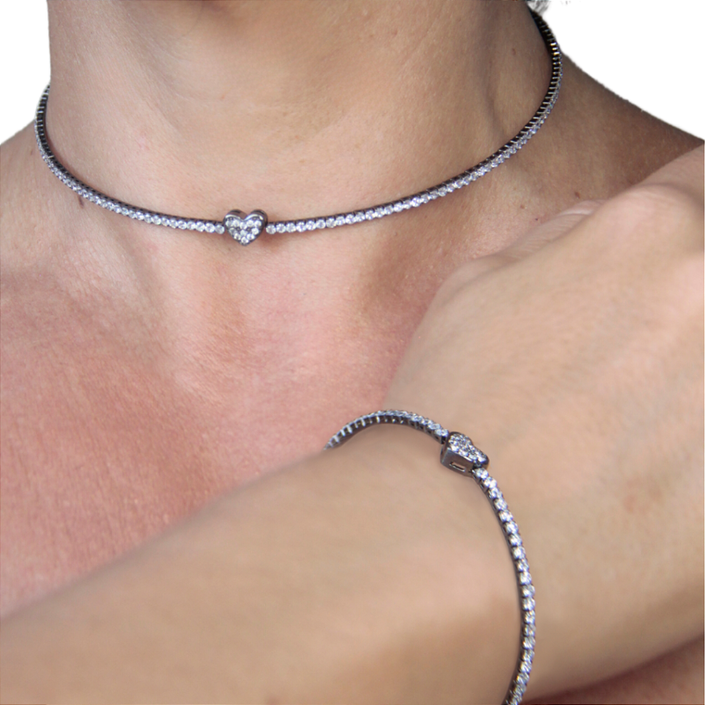 Conjunto Gargantiha e Pulseira Zircônias Coração Grafite
