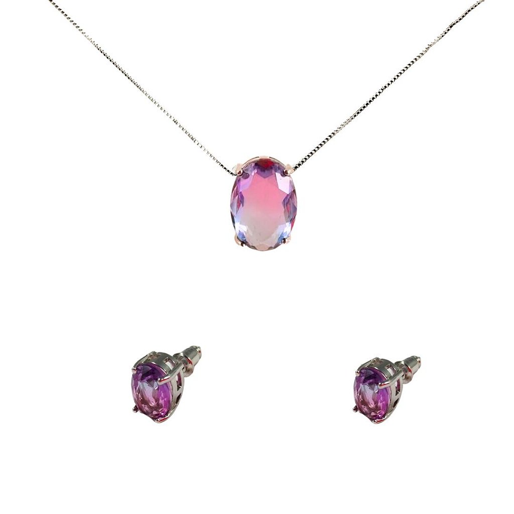 Conjunto Brincos e Colar Pedra Lilás e Azul Turquesa