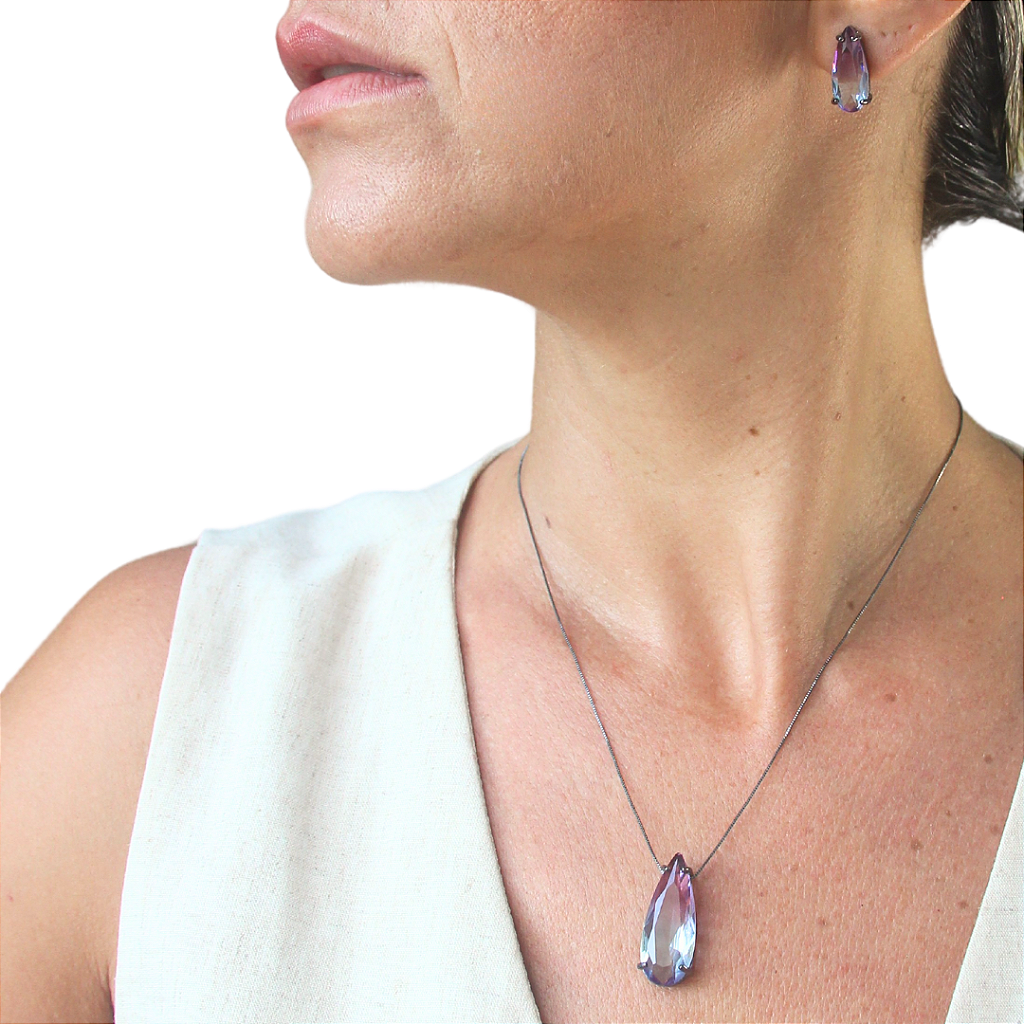 Conjunto Colar Brincos Gota Violeta Grafite