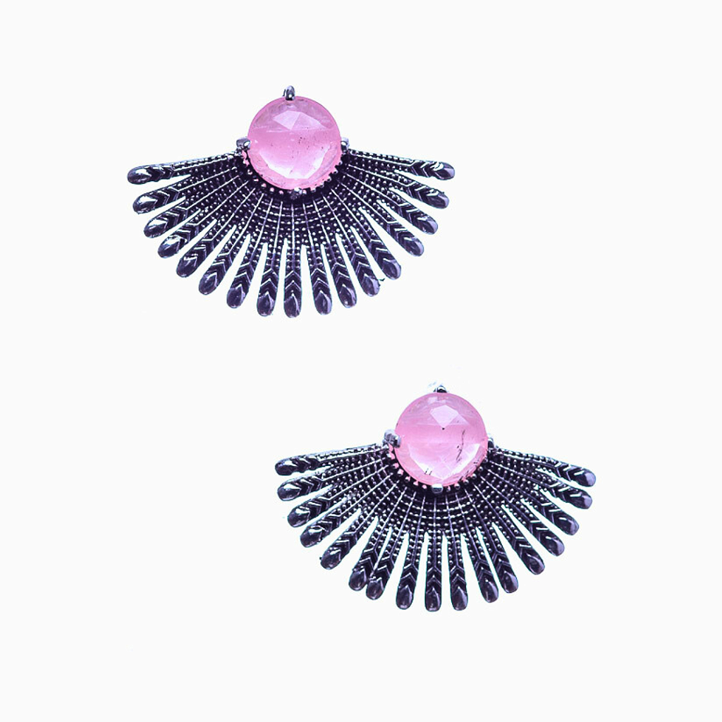 Brinco Leque Pedra Cor Rosa Banho Prata Velha