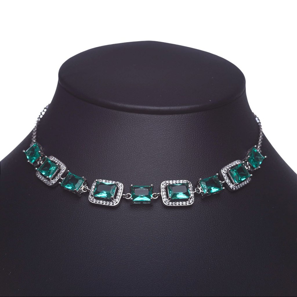 Colar Gargantilha Choker Pedra Cristal Esmeralda Cravejada Zircônias