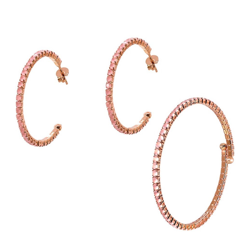 Conjunto Brincos Argolas e Pulseira Zircônias Rosas Banho Ouro Rosê