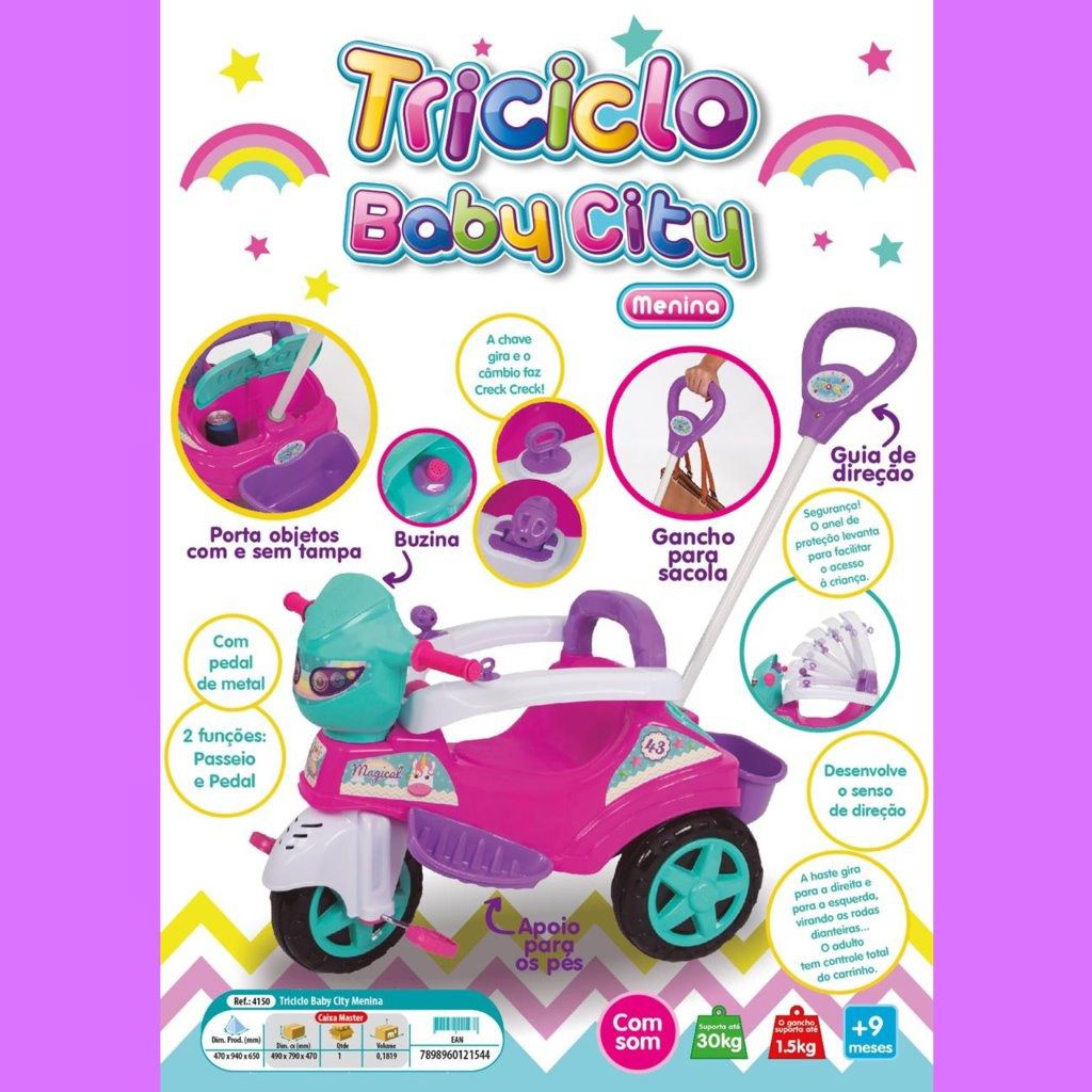 Triciclo Infantil Baby City Menina com Empurrador - Rosa