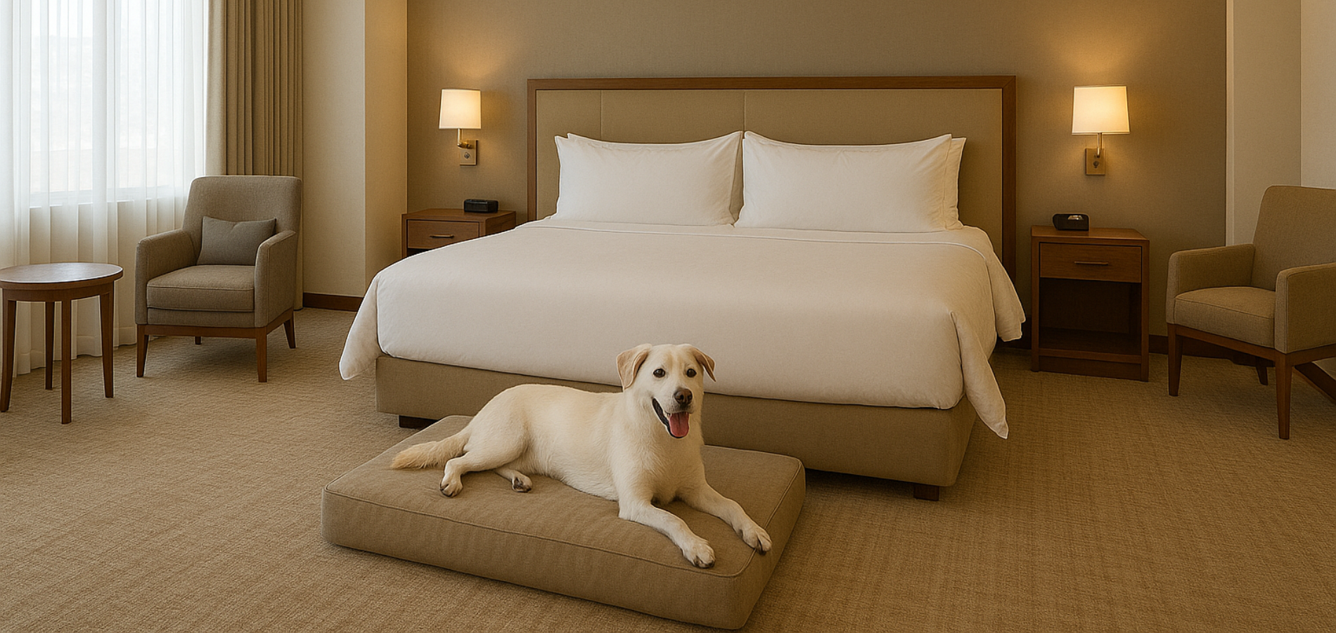 Cão deitado em cama Soninho By Dogs em quarto de hotel pet friendly