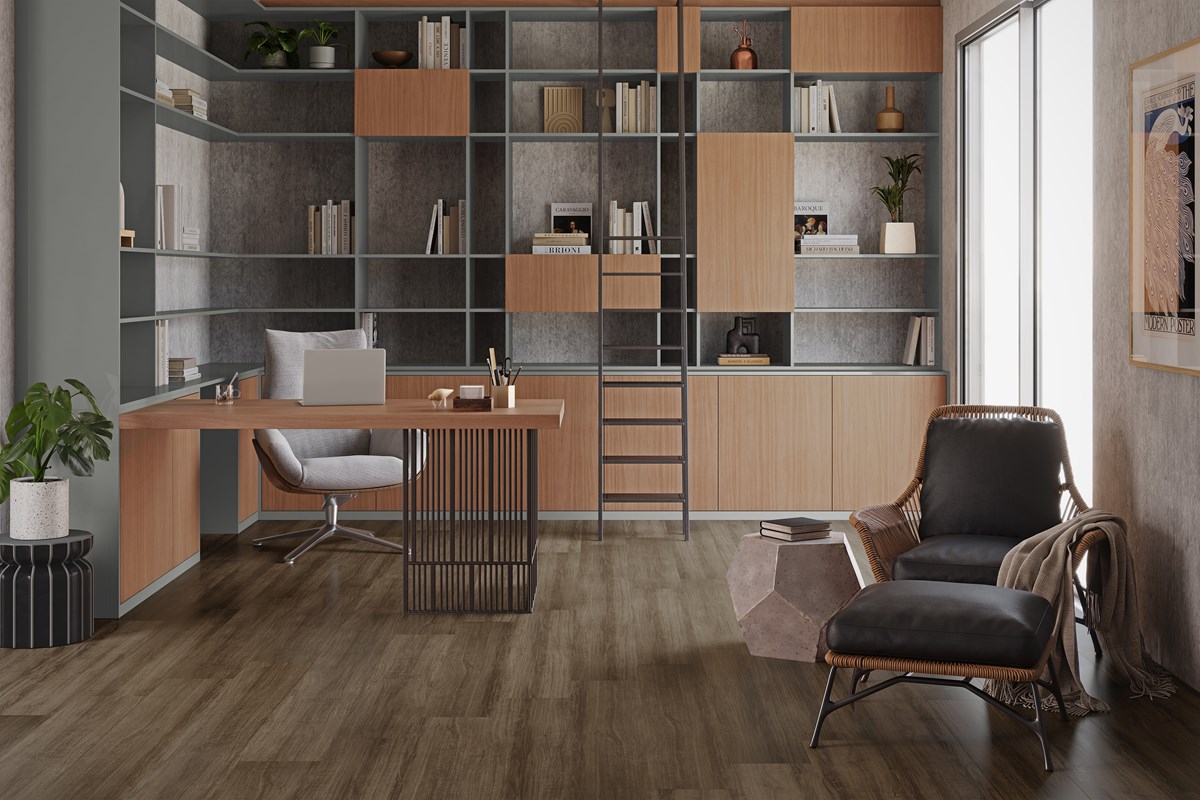 Piso Laminado Eucafloor Prime Terracota em Sala Sistema Cola nos Encaixes