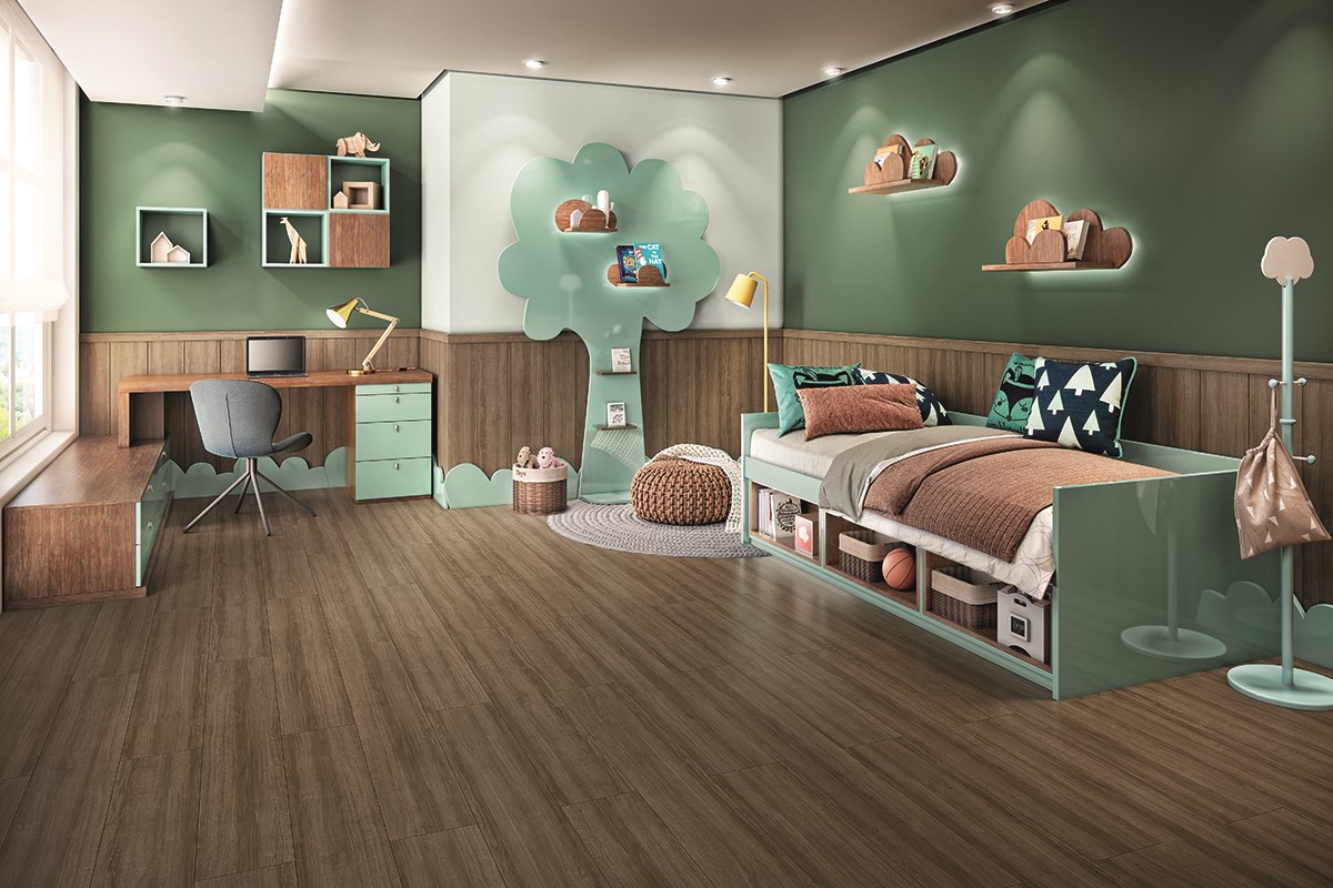 Piso Laminado Eucafloor Prime Lâmina Amêndoa em Quarto Infantil Colado