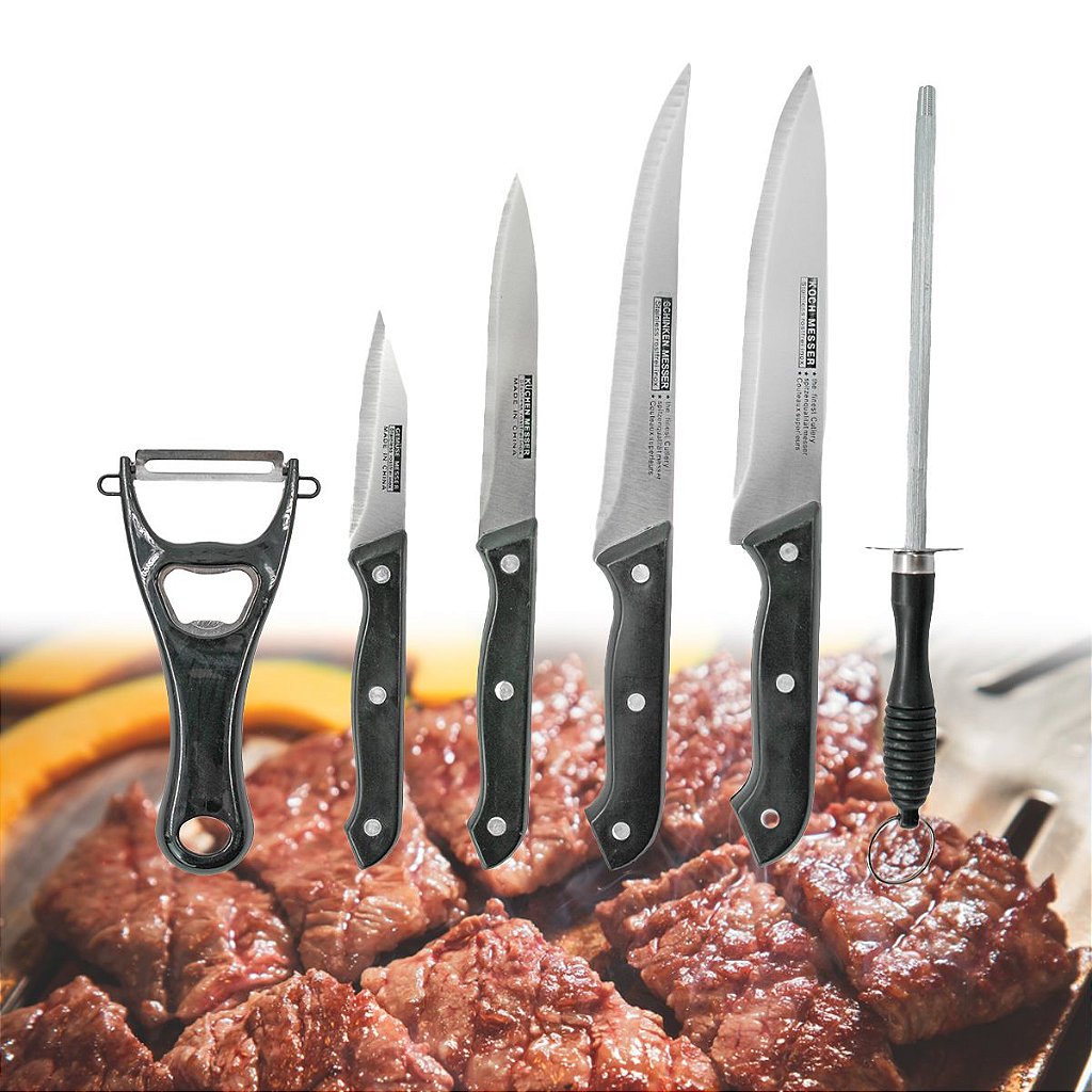 Kit Churrasco 7 Peças Inox Tabua Facas Amolador Descascador - Imagem 2
