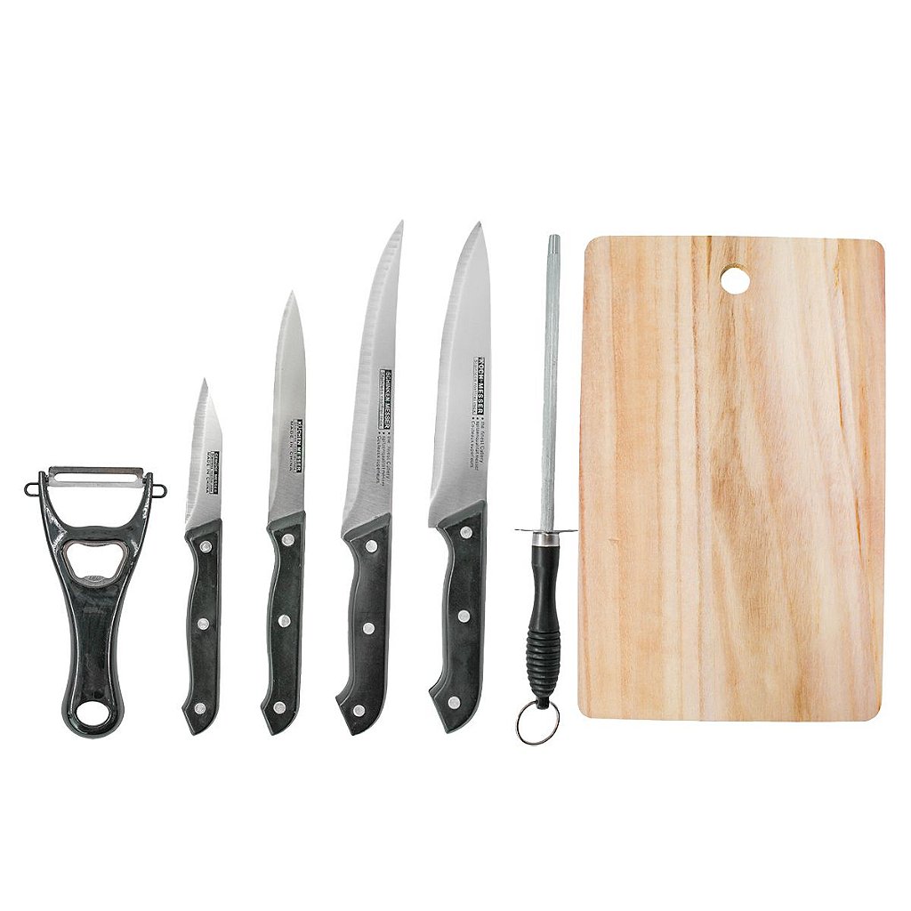 Kit Churrasco 7 Peças Inox Tabua Facas Amolador Descascador - Imagem 1