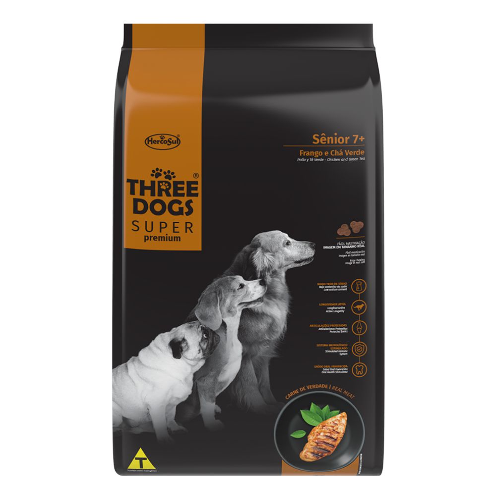 Ração Hercosul Three Dogs Sênior Super Premium sabor Frango e Chá