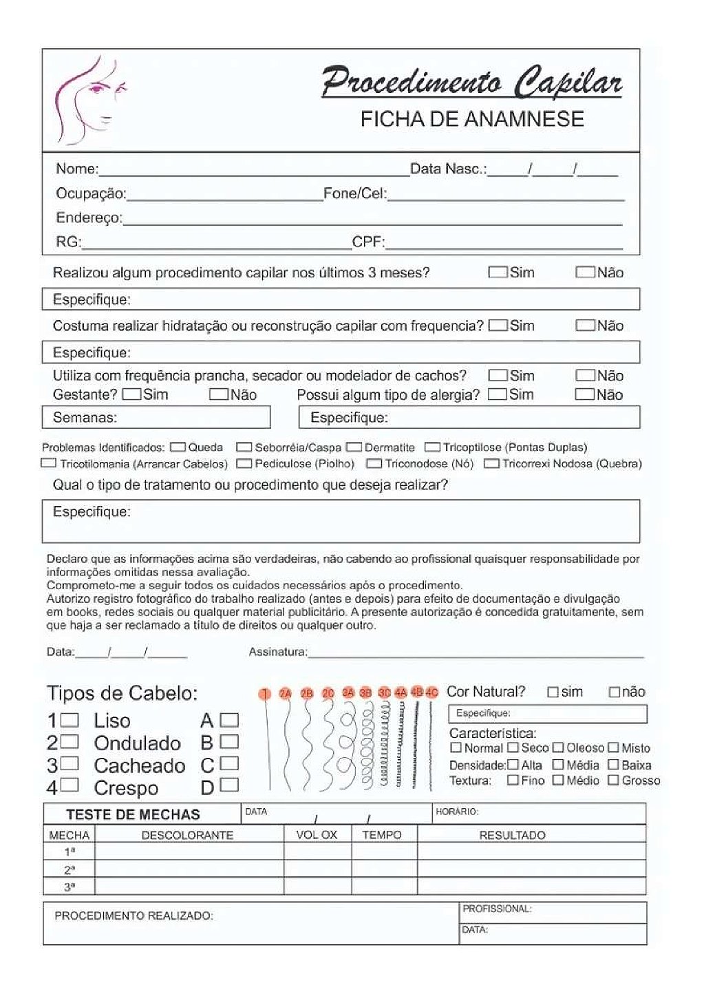 Ficha de anamnese completa - Capilar - Realize.com