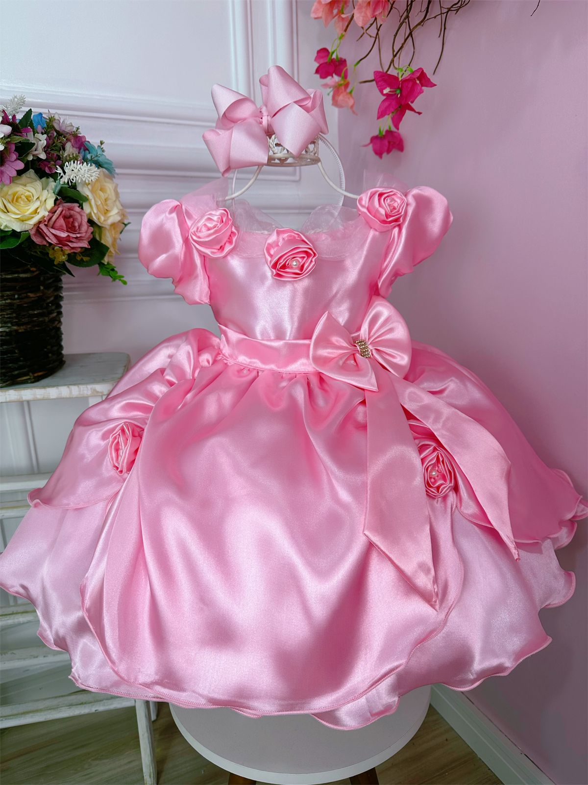 Vestido Infantil Princesa Aurora Com Aplique de Flores - Fabuloso Ateliê