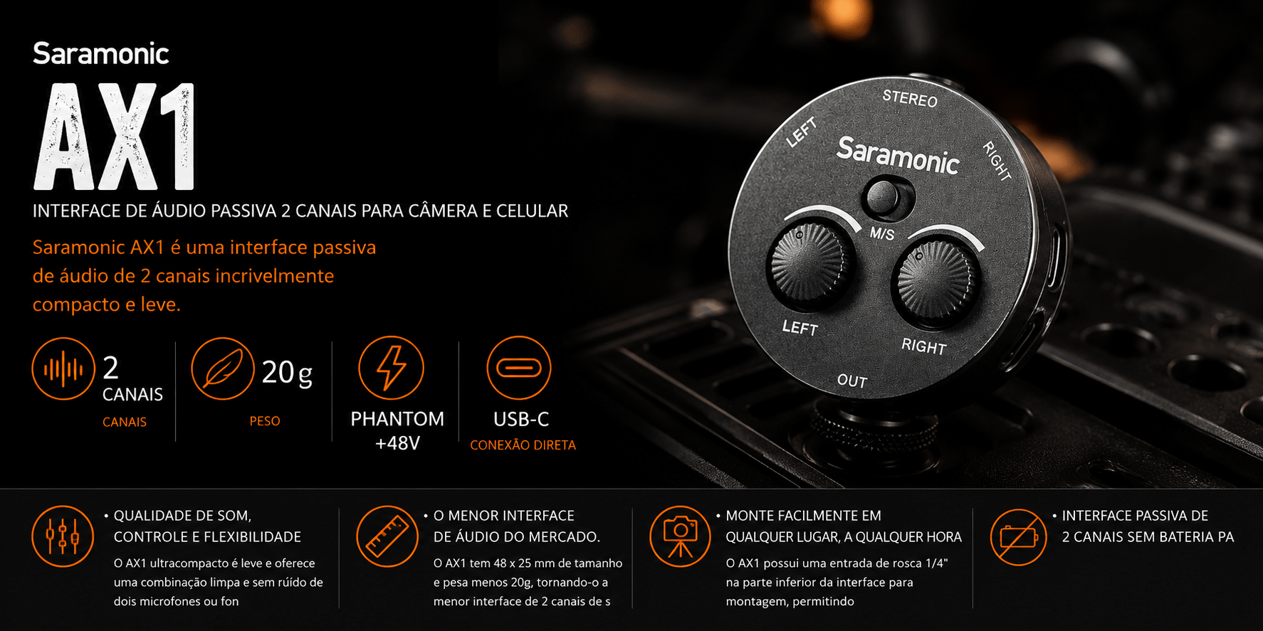 AX1 — Interface de áudio passiva 2 canais para câmer