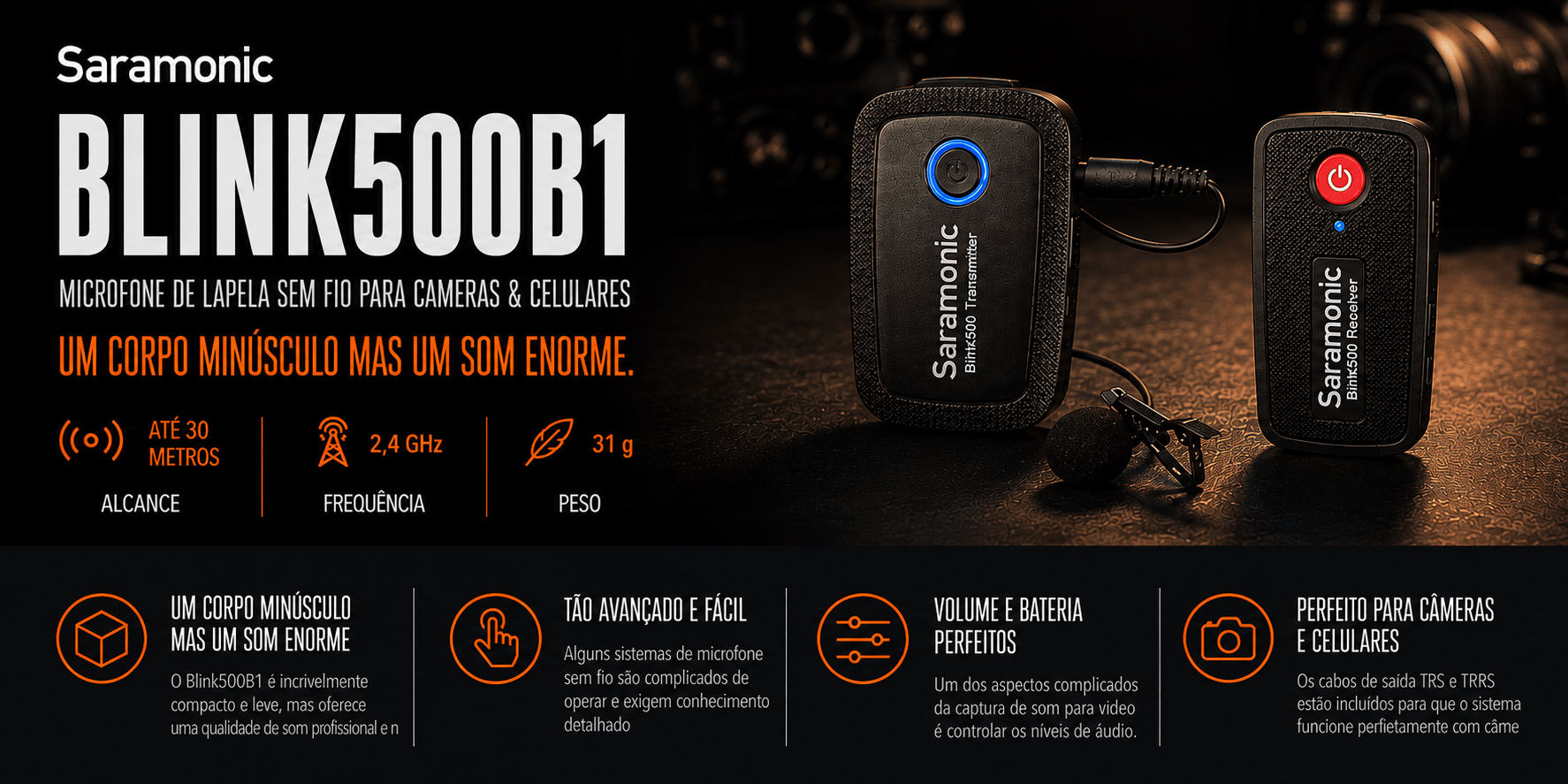 Blink500B1 — Microfone de Lapela sem fio para cameras & cel