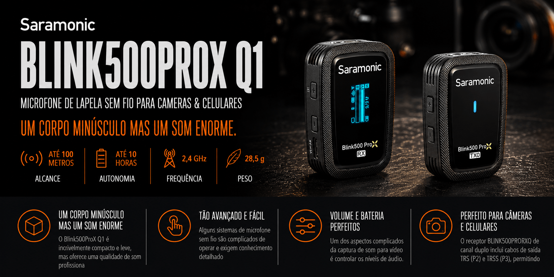 Blink500ProX Q1 — Microfone de Lapela sem fio para cameras & cel