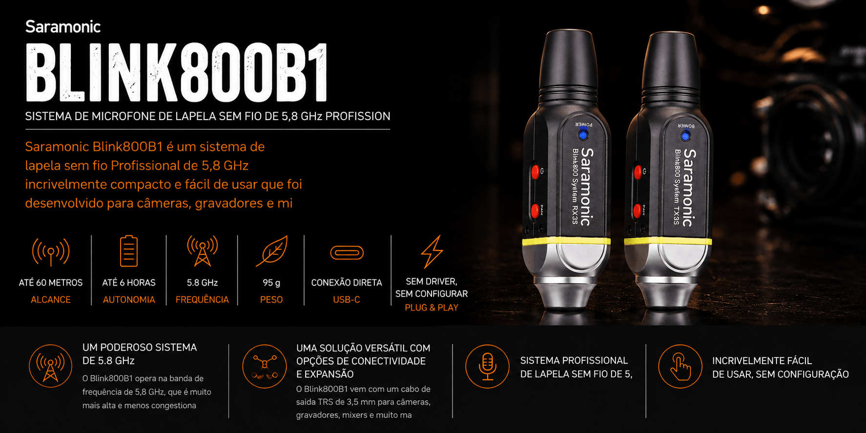 BLINK800B1 — Sistema de microfone de lapela sem fio de 5,8