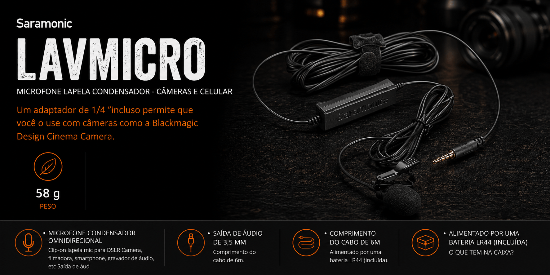 LAVMICRO — Microfone lapela Condensador - câmeras e celul