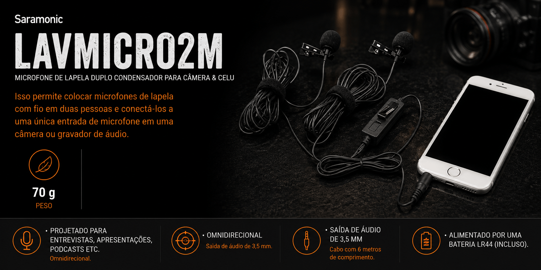 LAVMICRO2M — Microfone de lapela duplo condensador para câm