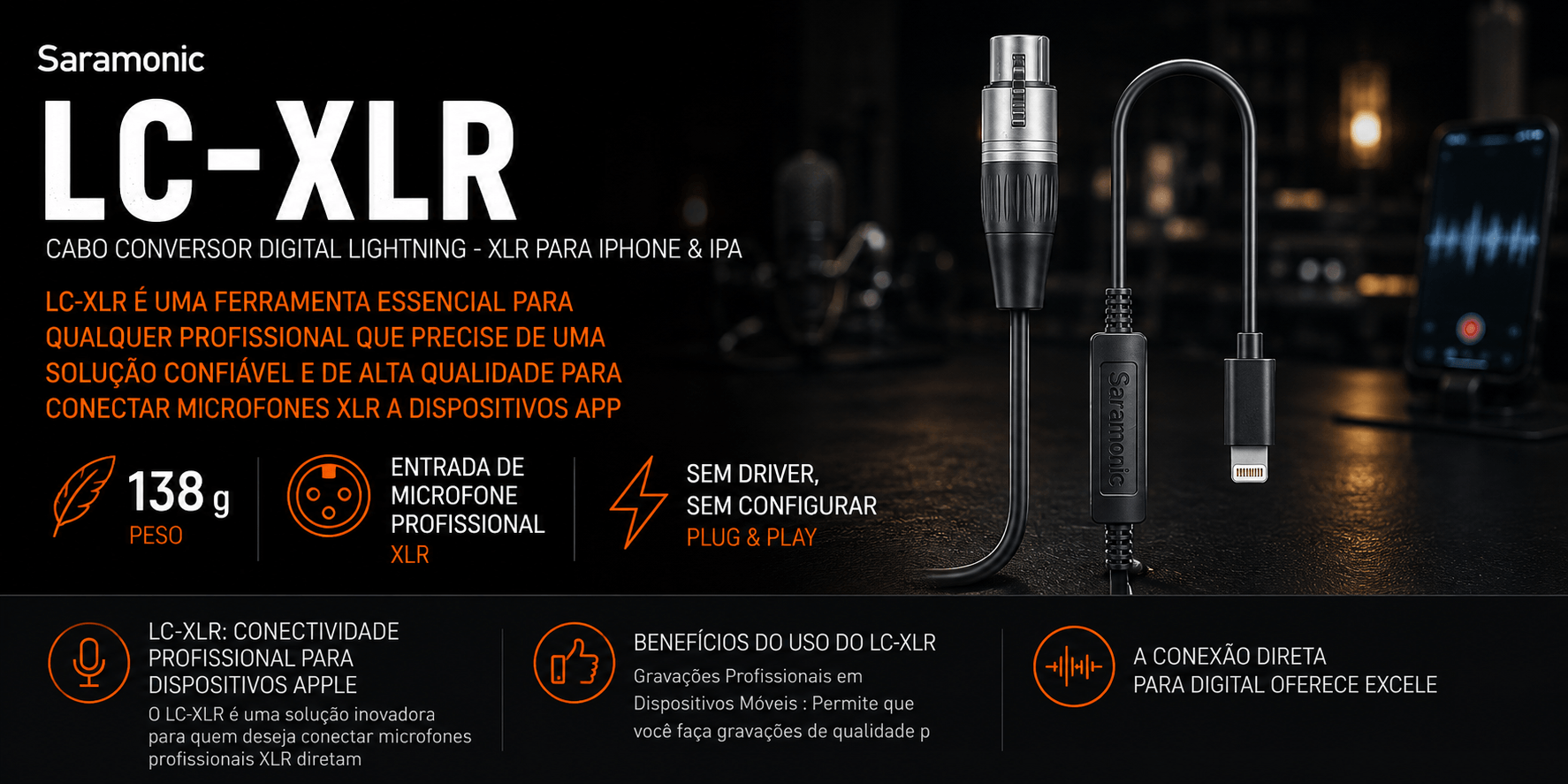 LC-XLR — Cabo conversor digital Lightning - XLR para Ip