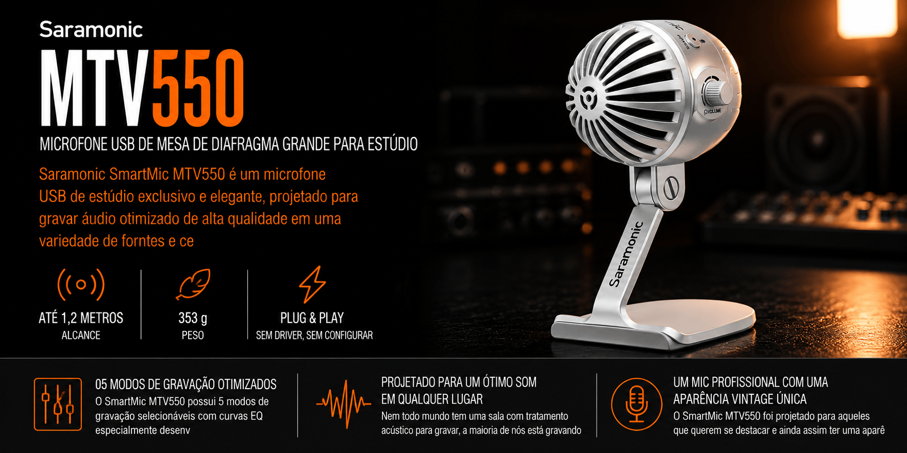 MTV550 — Microfone USB de mesa de Diafragma Grande para