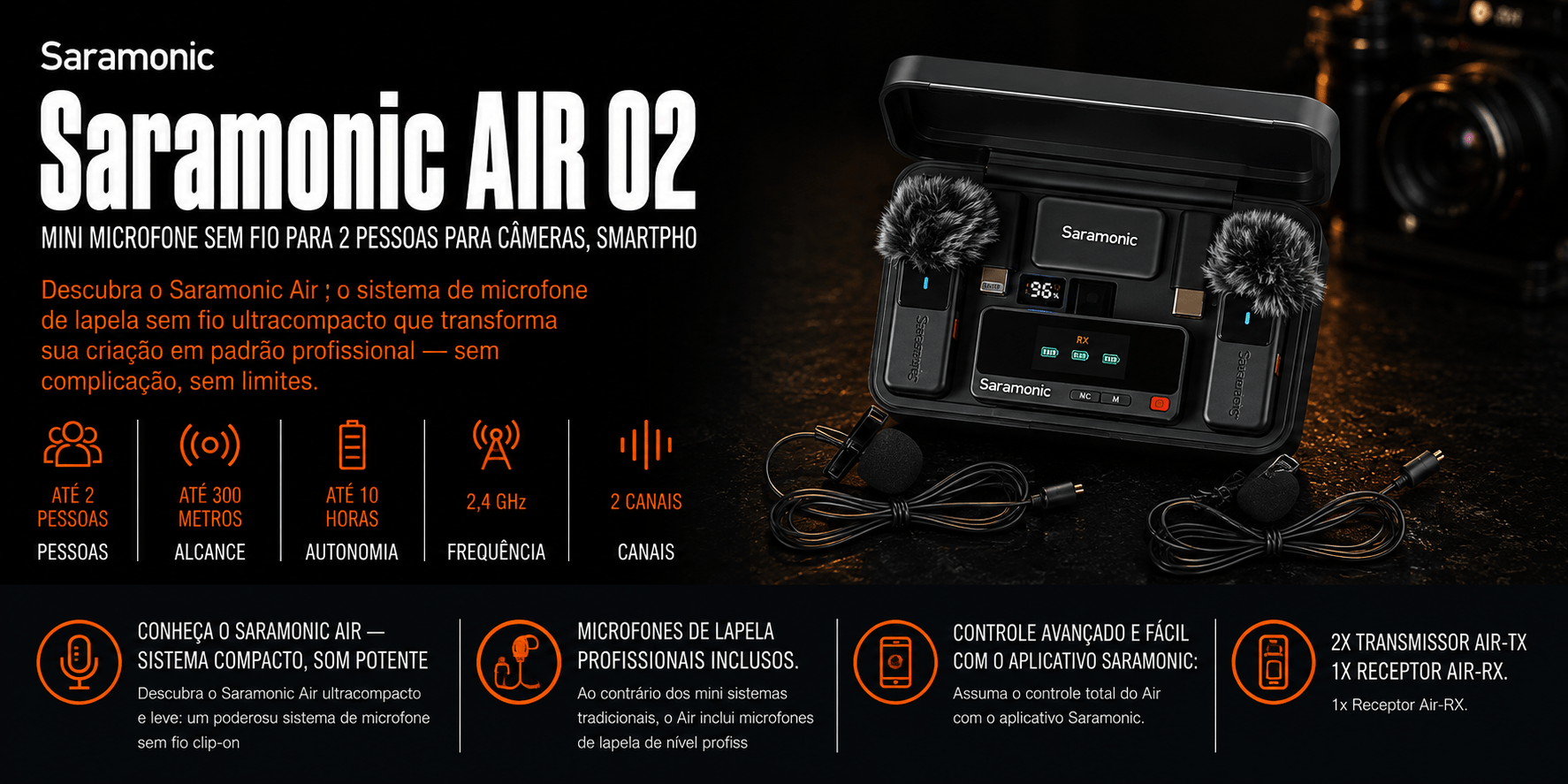 Saramonic AIR 02 — Mini Microfone sem Fio para 2 Pessoas para Câm