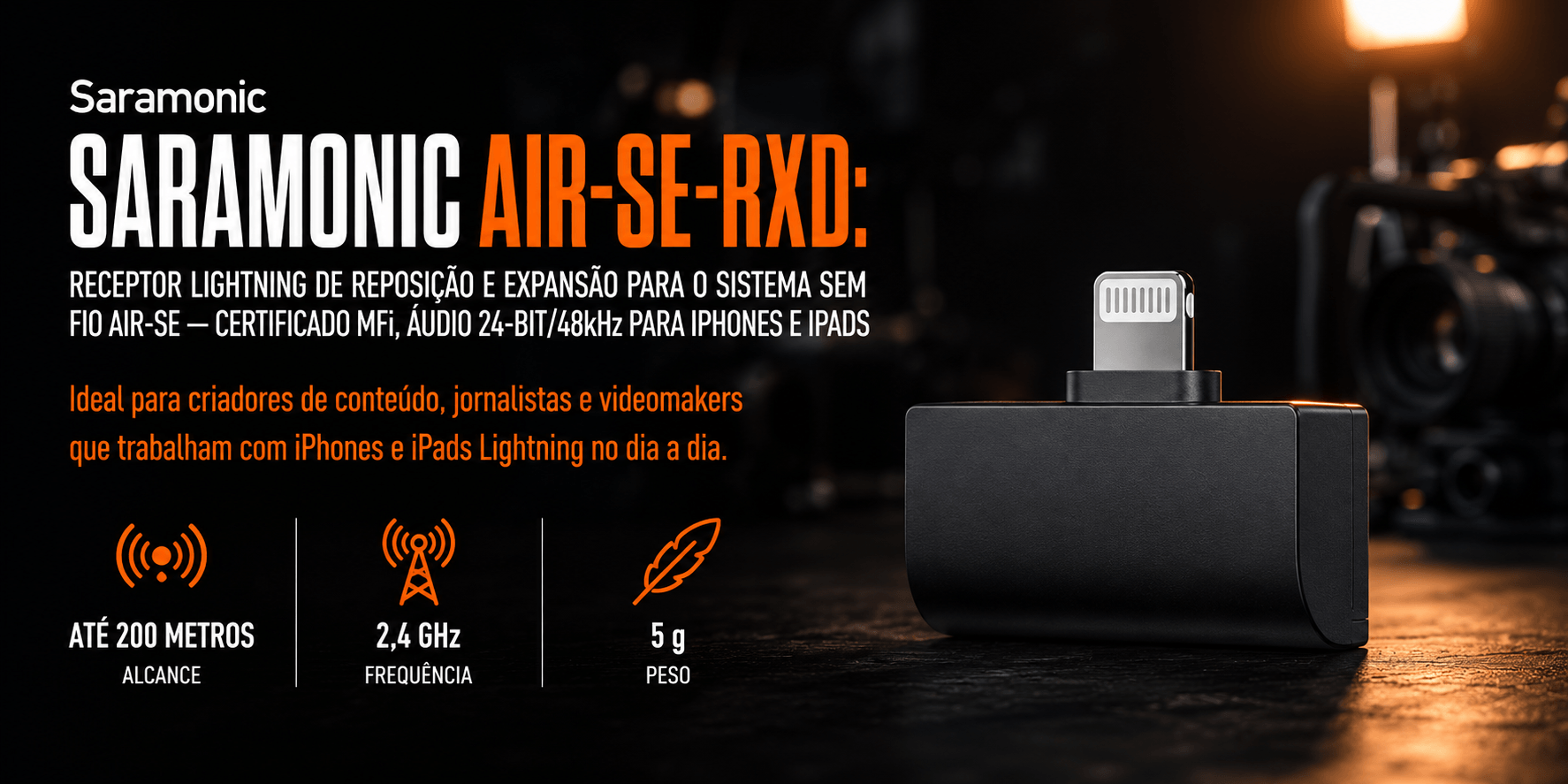 Saramonic AIR-SE-RXD: Receptor Lightning de Reposição e Expansão para o Sistema Sem Fio AIR-SE — Certificado MFi, Áudio 