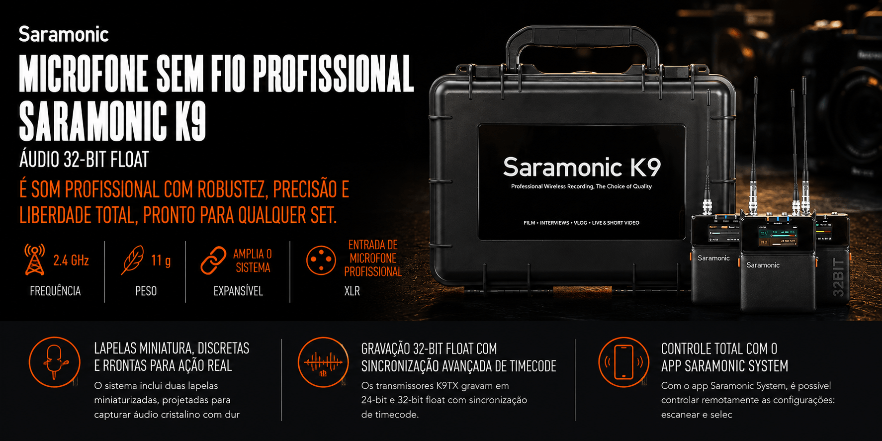 Microfone Sem Fio Profissional Saramonic K9 — Áudio 32-Bit Float