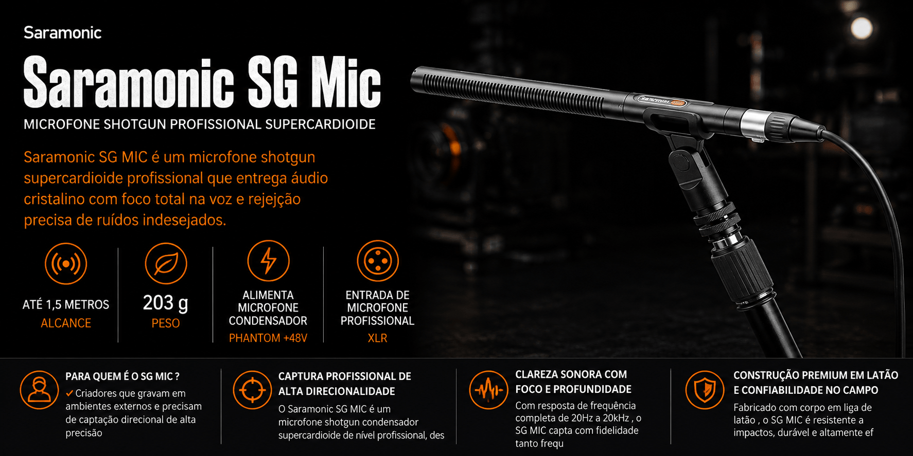 Saramonic SG Mic — Microfone Shotgun Profissional Supercardioide