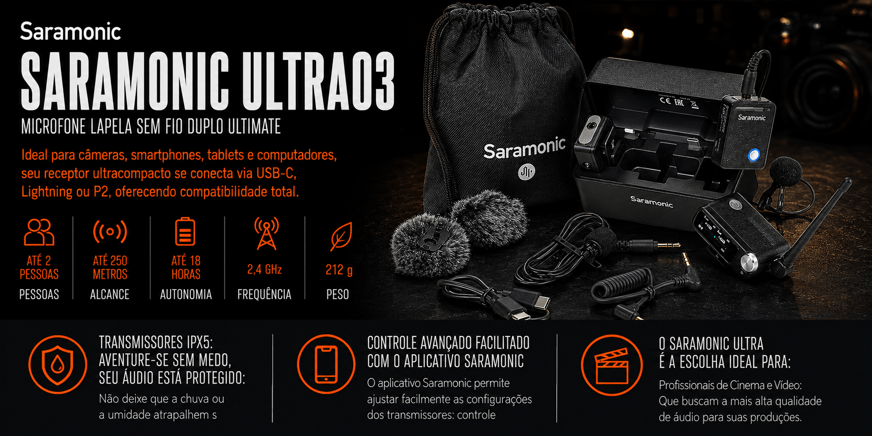 SARAMONIC ULTRA03 — Microfone Lapela sem fio duplo Ultimate