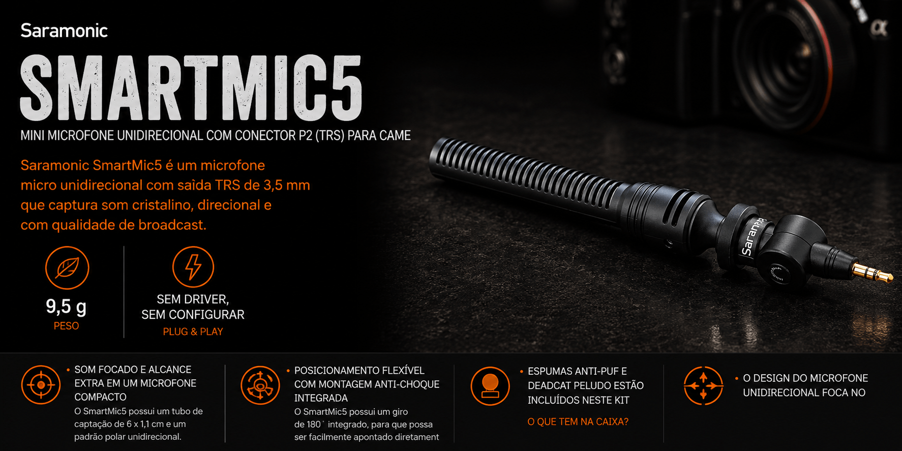 SMARTMIC5 — Mini microfone Unidirecional com conector P2 (