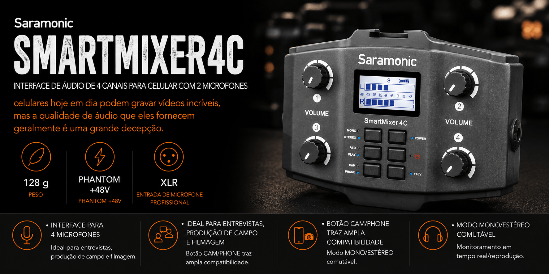 SMARTMIXER4C — Interface de Áudio de 4 canais para Celular co