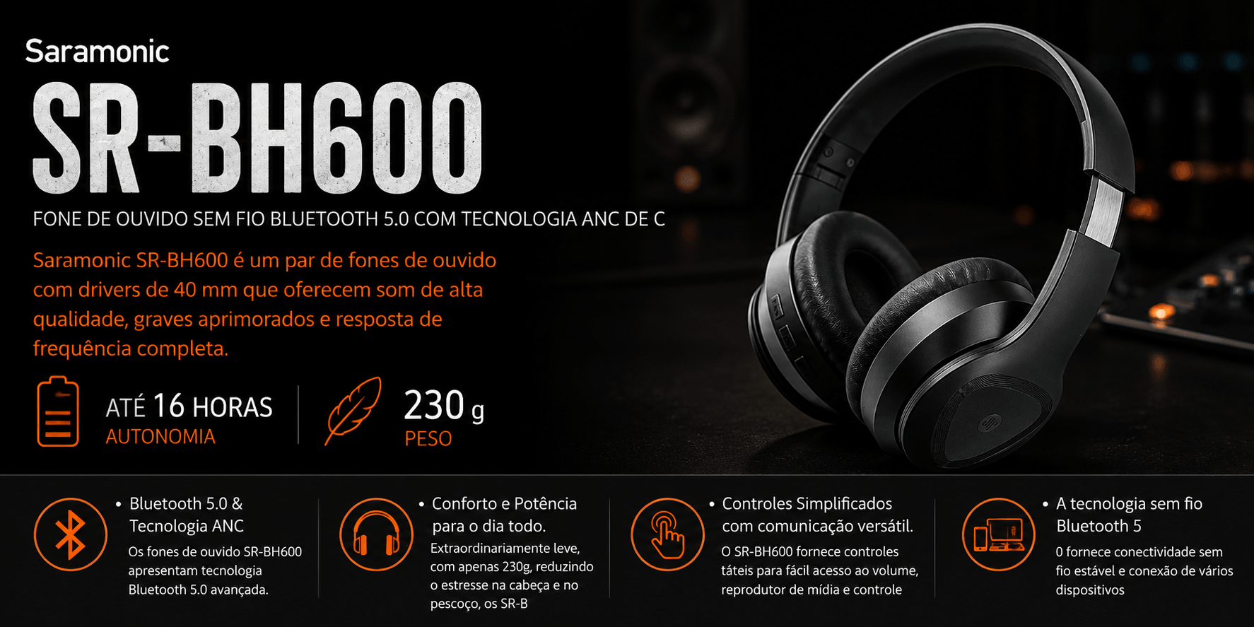 SR-BH600 — Fone de Ouvido sem Fio Bluetooth 5.0 com Tecno