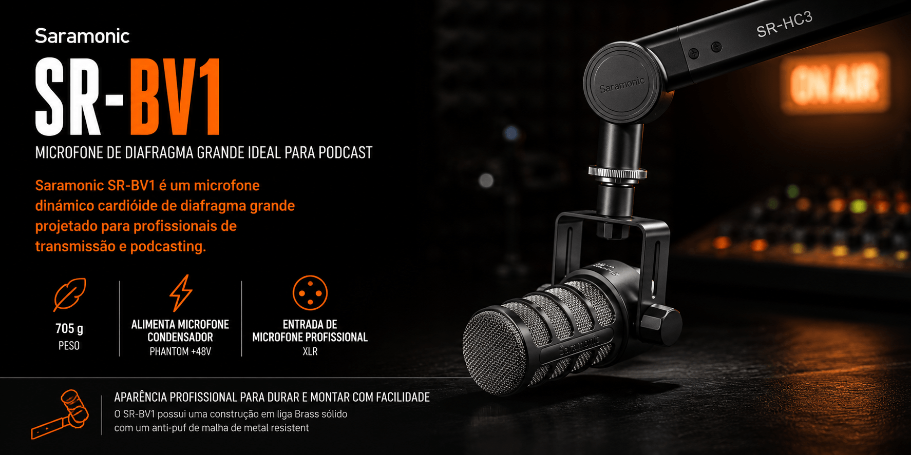 SR-BV1 — Microfone de diafragma grande ideal para Podca