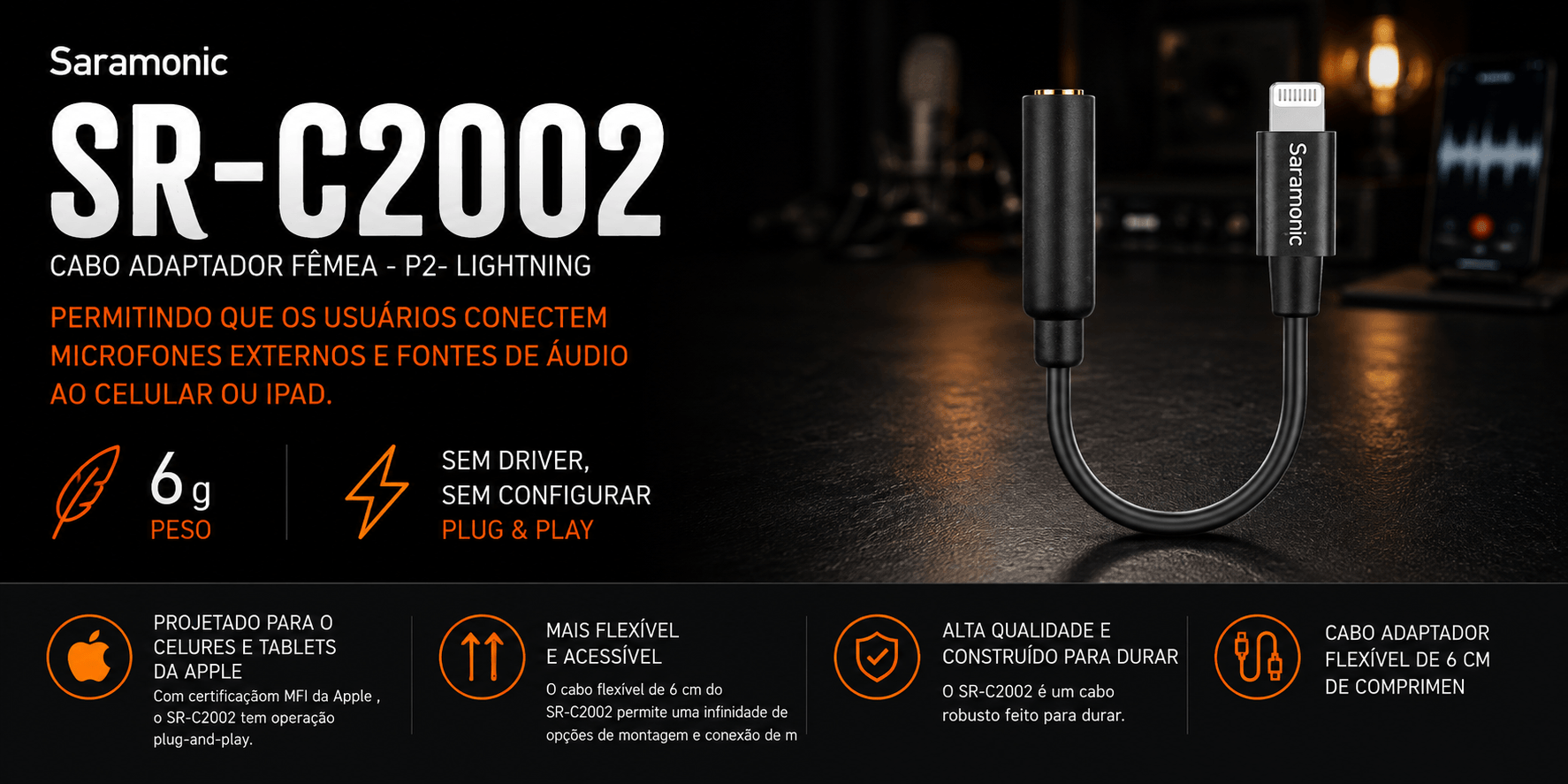SR-C2002 — Cabo Adaptador Fêmea - P2- Lightning