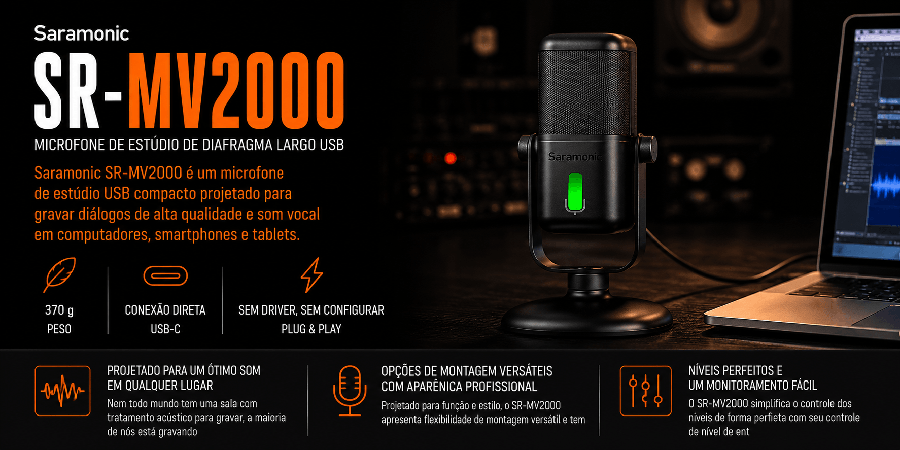 SR-MV2000 — Microfone de Estúdio de Diafragma Largo USB