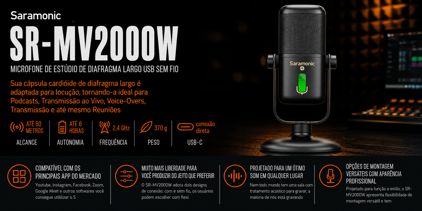SR-MV2000W — Microfone de Estúdio de Diafragma Largo USB se