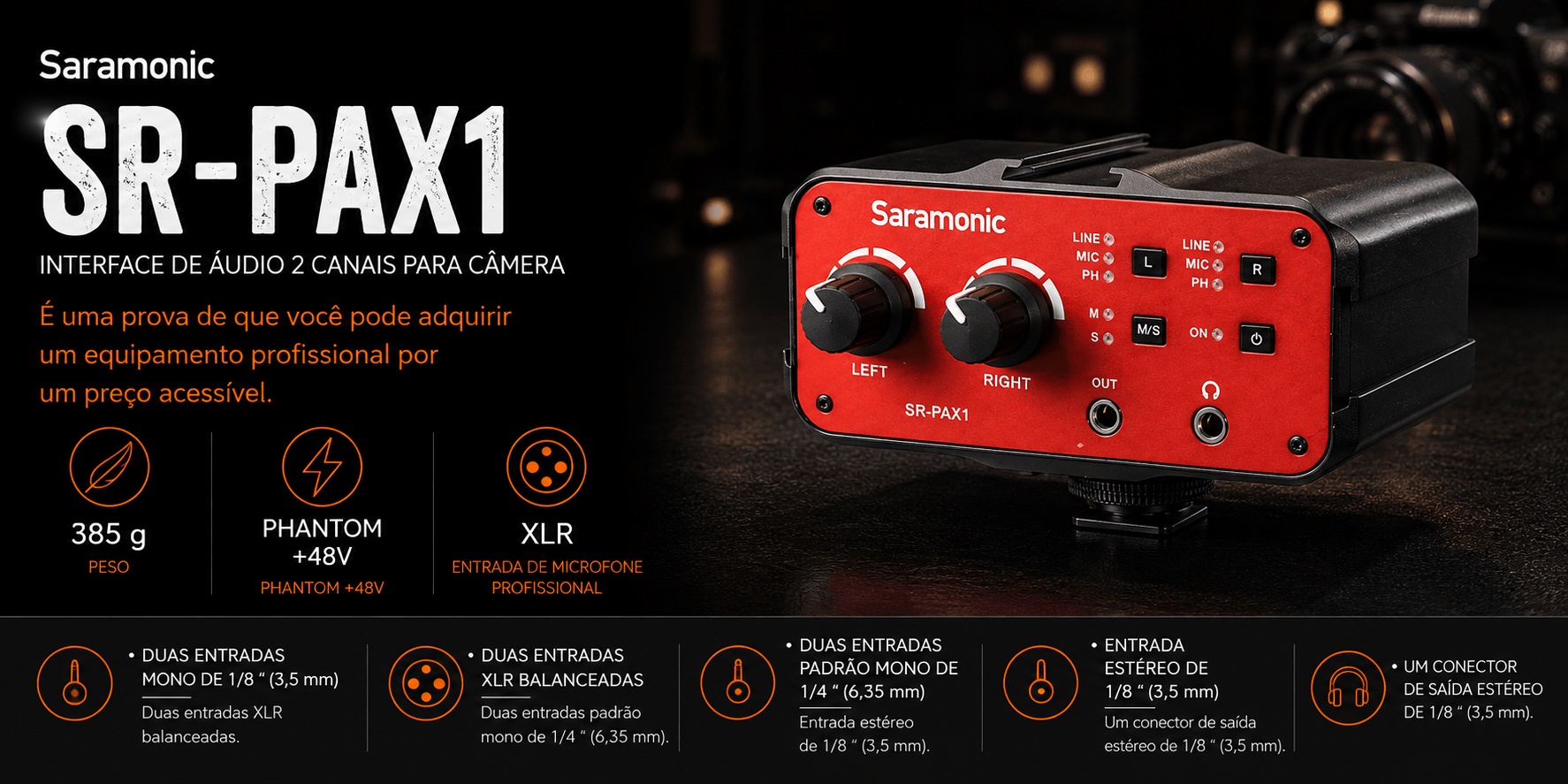 SR-PAX1 — Interface de áudio 2 canais para câmera