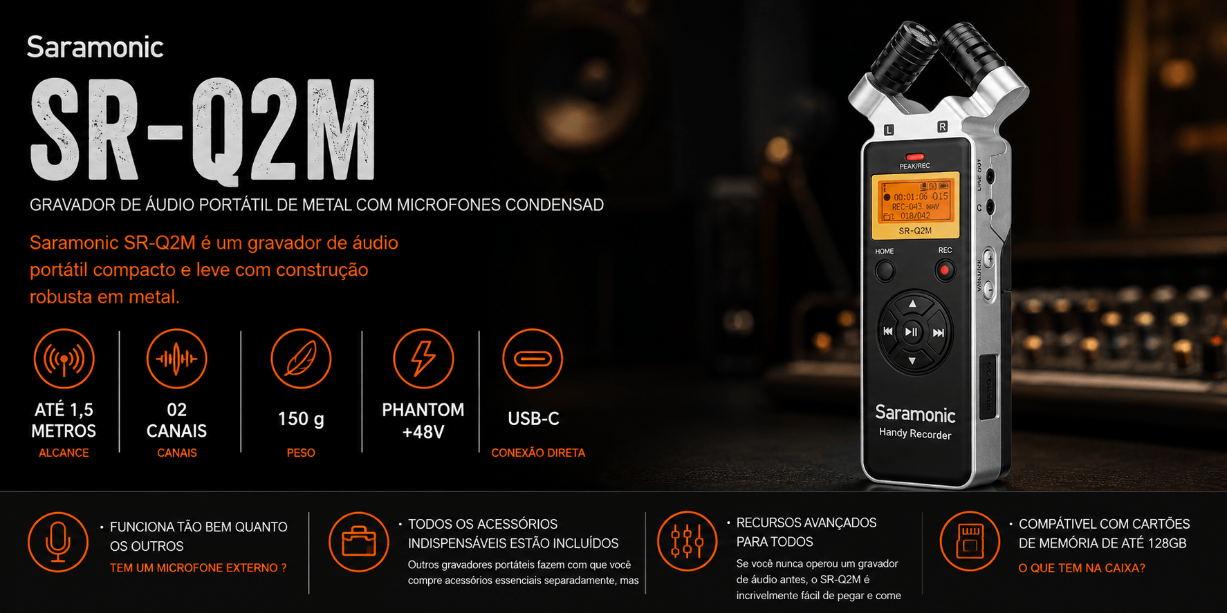 SR-Q2M — Gravador de áudio portátil de metal com microf