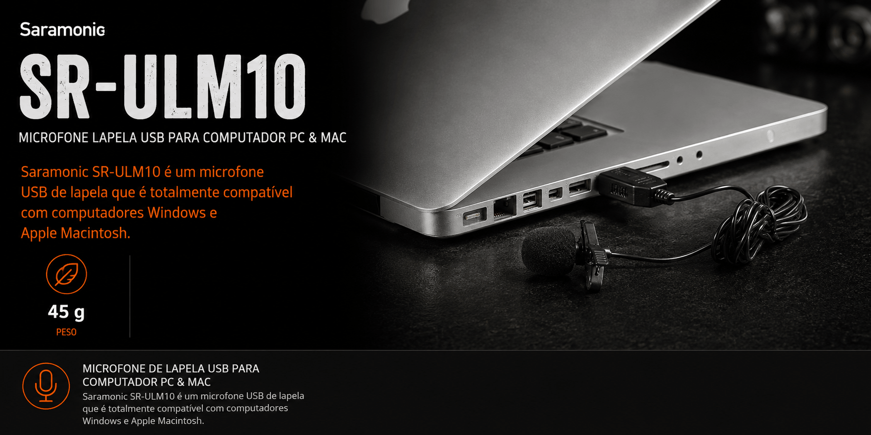SR-ULM10 — Microfone Lapela USB para computador PC & MAC